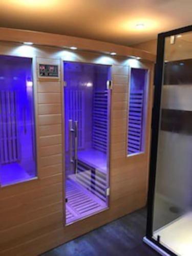 - une douche avec des lumières violettes dans l'établissement L Escale Girondine avec son spa, son sauna et sa piscine privative, à La Lande-de-Fronsac