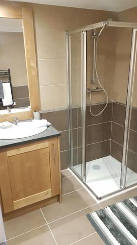 une salle de bain avec douche et lavabo dans l'établissement Appartement confortable pour 6 personnes, à Champagny-en-Vanoise