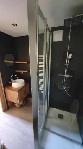 une salle de bain avec une douche en verre et un lavabo dans l'établissement Duplex 90m2 sur les pistes DU DIMANCHE AU DIMANCHE, à Plagne Villages