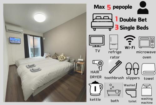 a room with a bed and a poster with diagrams at エルメゾン3rd in Osaka
