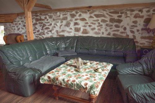 a living room with a green couch and a table at Dziki domek in Sierpnica