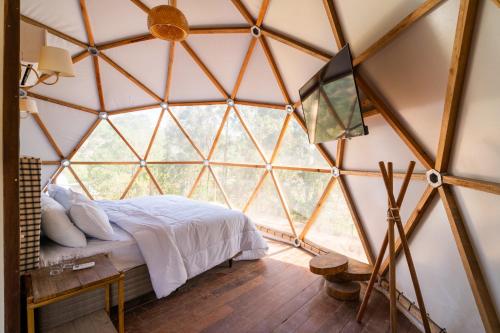 a bedroom with a bed in a glass walled room at Monakó Cabanas in Bragança Paulista