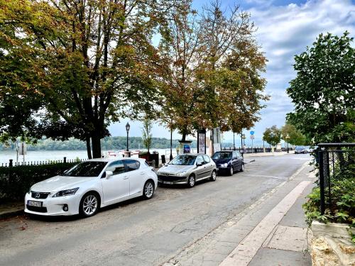 three cars parked on the side of a street at Bellevue Vendégház 2 in Vác