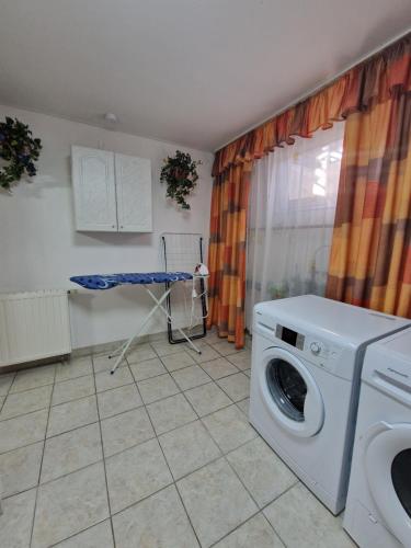 a laundry room with a washing machine and a table at Haus Melzer in Öhringen