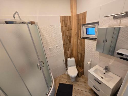 a small bathroom with a toilet and a sink at Działkowa in Legnica