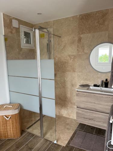 une salle de bain avec douche et lavabo dans l'établissement Magnifique petit maison indépendante, à Mouans-Sartoux
