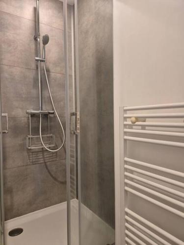 une salle de bain avec une douche avec une porte vitrée dans l'établissement l'Angevin - hypercentre - WiFi, à Sorges