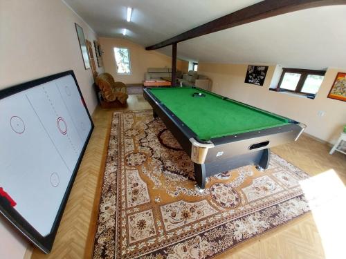 a living room with a pool table and a rug at Wypoczynek Kocia Góra in Dziemiany
