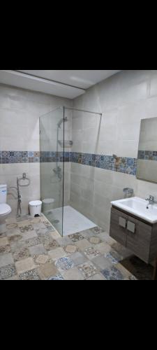 a bathroom with a shower and a toilet and a sink at Appartement Esmeralda in Tétouan