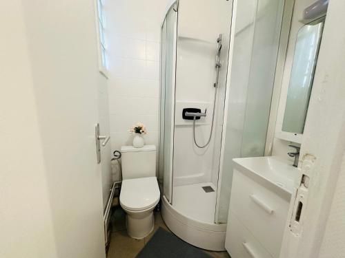 une salle de bain blanche avec toilettes et douche dans l'établissement Dream Dwell Paris-beautiful flat with mezzanine near Quartier Marais 3e Paris, à Paris