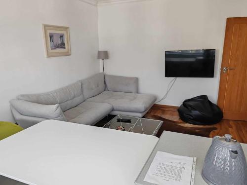 a living room with a couch and a tv at Two bedroom apartment in Dollis Hill in London