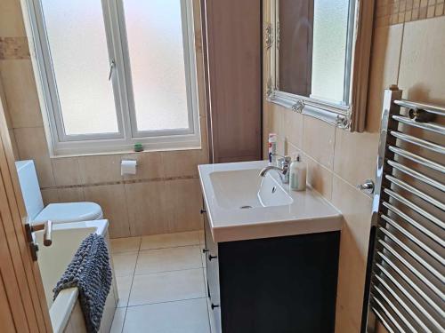 a small bathroom with a sink and a toilet at Two bedroom apartment in Dollis Hill in London