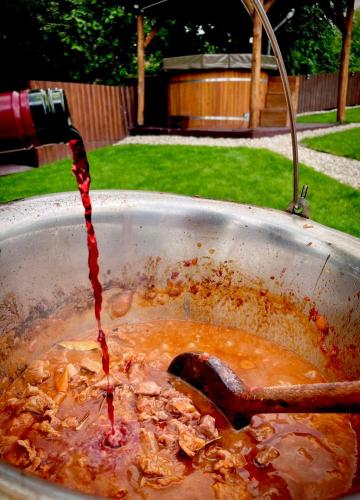 a bird bath filled with red liquid with a water fountain at Blanka Vendégház in Erdőbénye