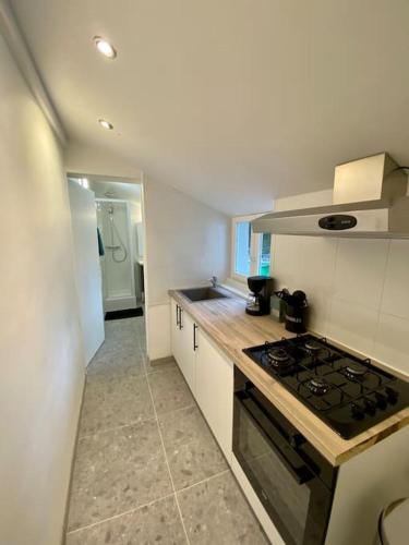 une cuisine avec une cuisinière et un comptoir dans l'établissement Appartement rénover avec terrasse, à Creil