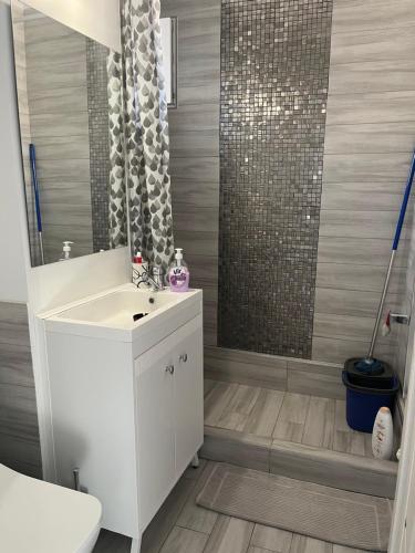a bathroom with a white sink and a shower at Apartment 2 camere 1,3 km Promenada Mall Capacitate 4 persoane in Craiova