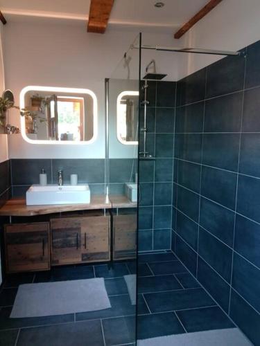 a bathroom with a sink and a glass shower at Ferienwohnung Gisela 80qm in Gernrode - Harz