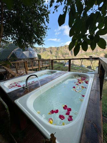 a bath tub filled with water with flowers in it at Glamping EmeralD in Stepantsminda