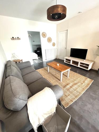 - un salon avec un canapé gris et une table basse dans l'établissement Escapades cosy au cœur des vignes, à Cézac