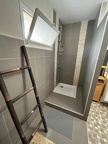 La salle de bains est pourvue d'une douche, d'une fenêtre et d'une échelle. dans l'établissement Escapades cosy au cœur des vignes, à Cézac