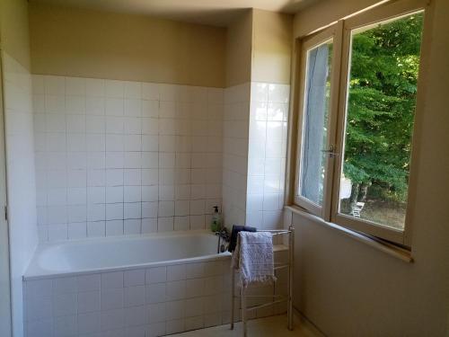 une salle de bain avec une baignoire et une fenêtre dans l'établissement Gîte à la campagne, bain de soleil ou coin du feu, à Tulle