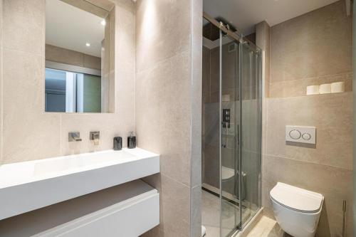 une salle de bain avec un lavabo, des toilettes et un miroir dans l'établissement 2 bedroom Grand Hotel with sea view 306, à Cannes