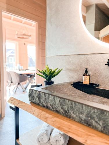 a bathroom with a granite counter top and a mirror at Hercynia Lodge in Bad Lauterberg