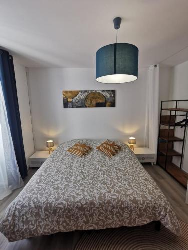 une chambre avec un lit avec deux oreillers dessus dans l'établissement L Alsacienne F2 centre ville, à Mulhouse