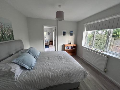 a bedroom with a bed with blue pillows on it at Hamble House Holiday Let in Woodbridge
