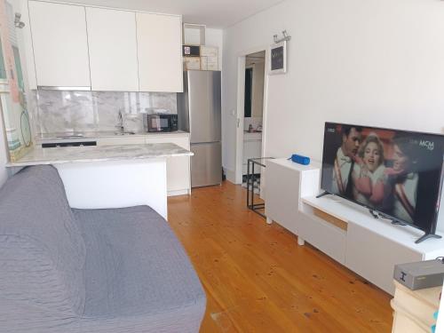 a living room with a large flat screen tv at Porto Histórico in Porto