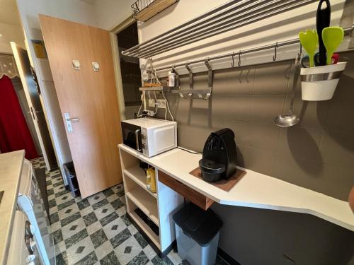 - une cuisine avec un comptoir et un four micro-ondes dans l'établissement Super Dévoluy résidence Les Issarts - Appart - 4 pers, à Saint-Étienne-en-Dévoluy