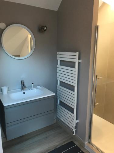 a bathroom with a sink and a mirror at Le Passage Secret in Fleury-en-Bière