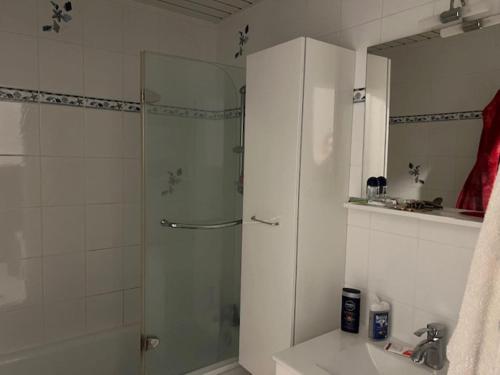 une salle de bain avec une douche en verre et un lavabo dans l'établissement Appartement T2 Cabine terrasse, à Le Touquet-Paris-Plage