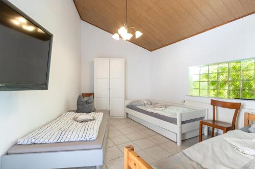 a bedroom with two beds and a flat screen tv at Arbeitnehmerunterkunft I 3 Betten I Balkon I eigene Küche & Bad in Groß-Umstadt