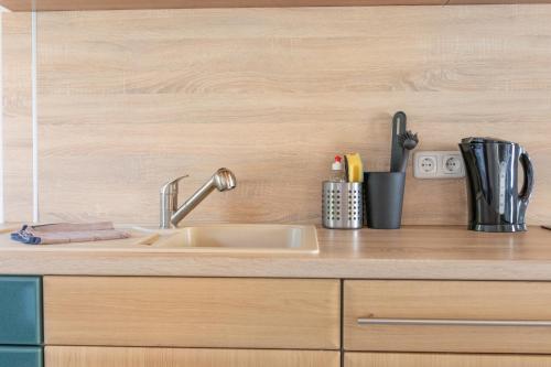 a kitchen with a sink and a counter top at Arbeitnehmerunterkunft I 3 Betten I Balkon I eigene Küche & Bad in Groß-Umstadt