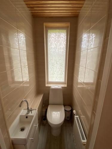 a bathroom with a toilet and a sink and a window at Private house in Valmiera