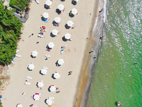 a group of people on a beach with umbrellas at Fort Noks Panorama in Elenite