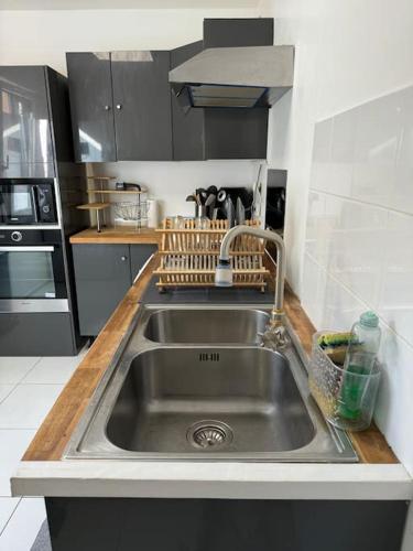 une cuisine avec un évier en acier inoxydable dans l'établissement Confort et charme aux Arcades, à Montigny-le-Bretonneux