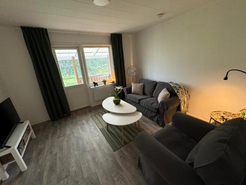 a living room with a couch and a table at Höga Kusten Lägenhetshotell in Gallsätter