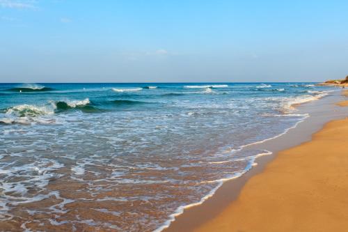 a beach with the ocean and the shoreline at Leukasia in Marina di Pescoluse