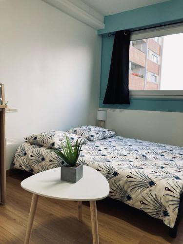 - une chambre avec un lit et une table avec une plante dans l'établissement Parlementaire européen, waken schiltigheim, à Schiltigheim