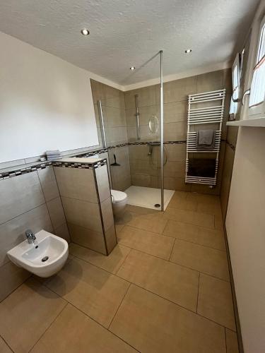 a bathroom with a toilet and a sink and a shower at LandschaftsTräume in Simmerath