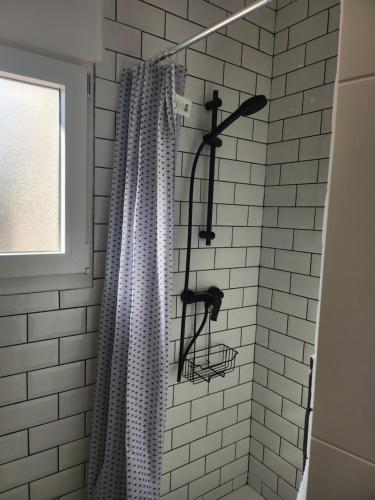 a shower with a shower curtain in a bathroom at Viviendas plaza del tronco 2 in Ferrol