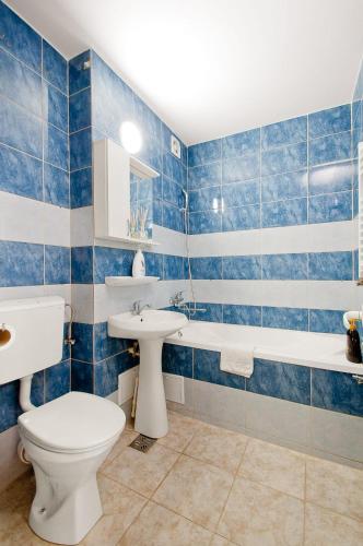 a blue tiled bathroom with a toilet and a sink at Danube Residence in Galaţi