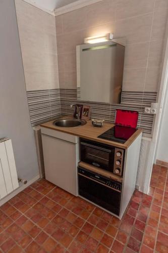une petite cuisine avec un évier et une cuisinière dans l'établissement Joli Studio 36m2 tout confort, à Châteauneuf-de-Gadagne