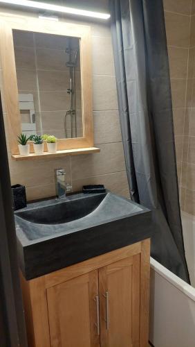une salle de bain avec un lavabo et un miroir dans l'établissement Studio cosy au pied des remontées,wifi,smart TV,parking, aux Contamines-Montjoie