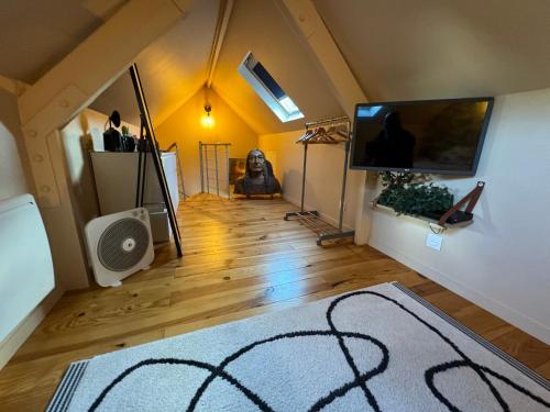 an attic room with a rug and a tv at Gîte chez carline classé meublés du tourisme 3 étoiles in Fultot