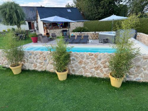 a stone wall with three potted plants next to a pool at Gîte chez carline classé meublés du tourisme 3 étoiles in Fultot