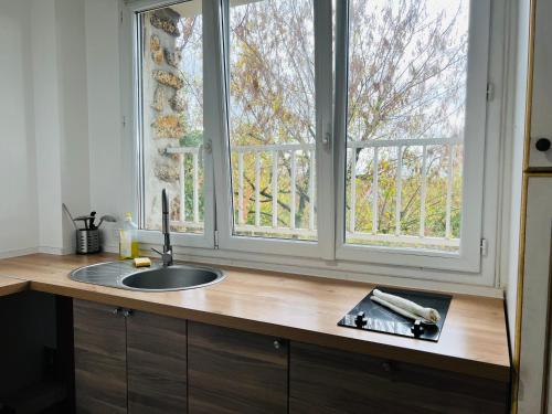 un comptoir de cuisine avec un évier et une fenêtre dans l'établissement Charmant logement situé en plein verdure et au centre ville de Rosny Sous Bois, à Rosny-sous-Bois