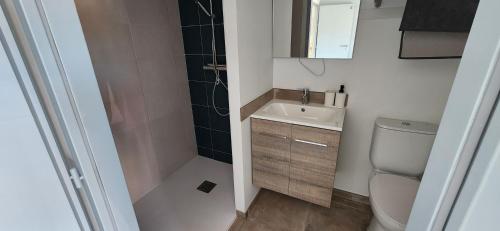 une salle de bain avec toilettes, lavabo et douche dans l'établissement Villa Caroline, à La Roche-sur-Yon