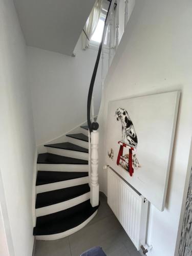 a stairway with a black and white staircase at Charmante maison à 20min de Lille in Oignies